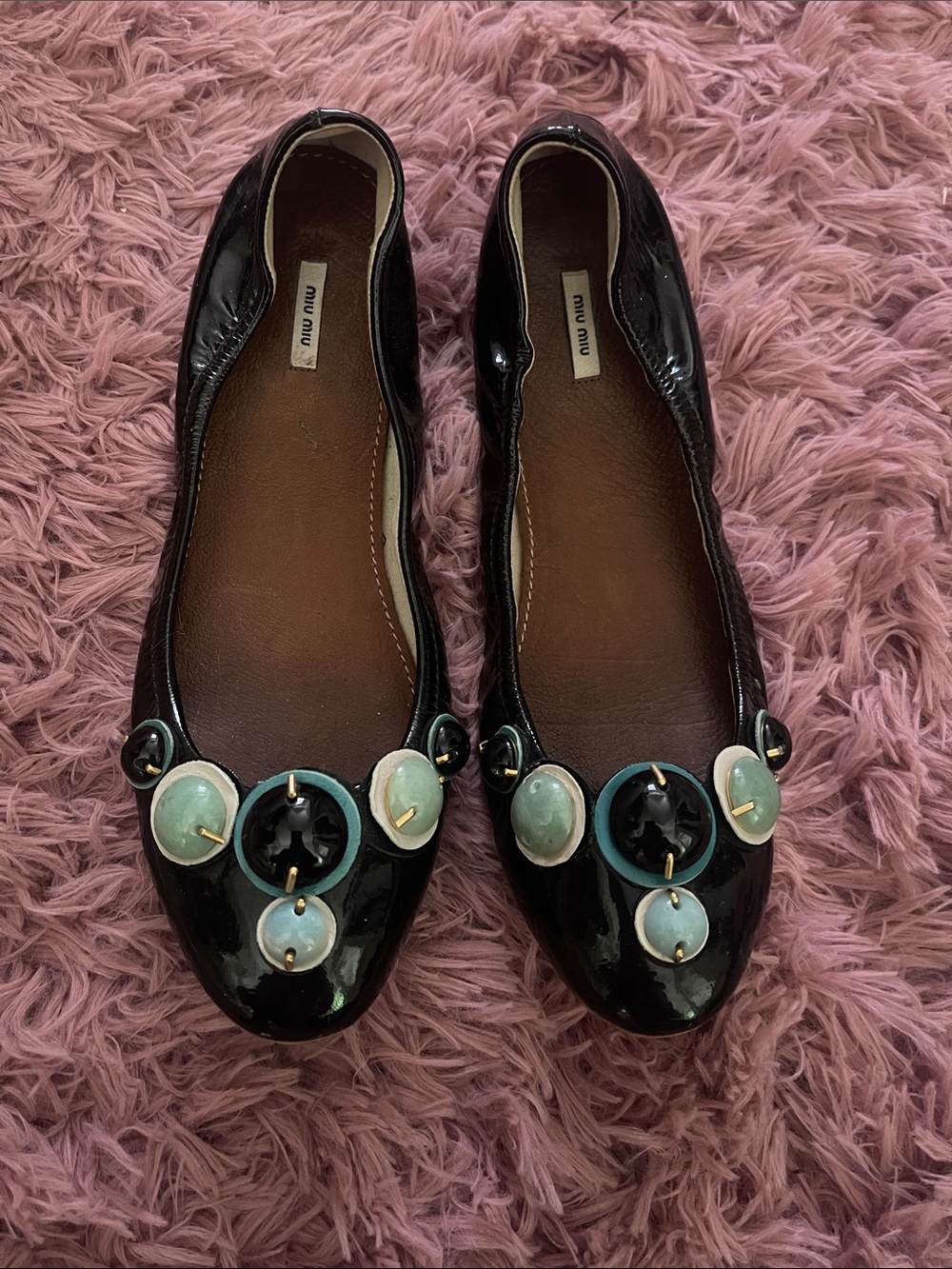 Miu Miu Black Patent Leather Flats with Turquoise and Mint Stone Embellishments